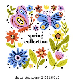 Modern blossomed flowers set. Abstract blooming floral plants and leaf. Fresh summer floristry, leaves. Nature design elements. Bright flat graphic vector illustrations isolated on white background