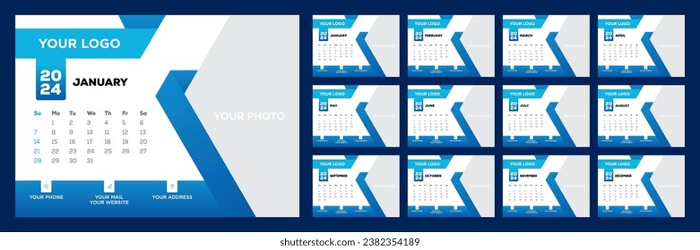 modern blue 2024 desk calendar template printable