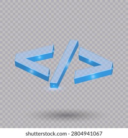 Modern blue 3D code symbol icon isolated on transparent background for programming software development websites mobile applications and digital interface design
