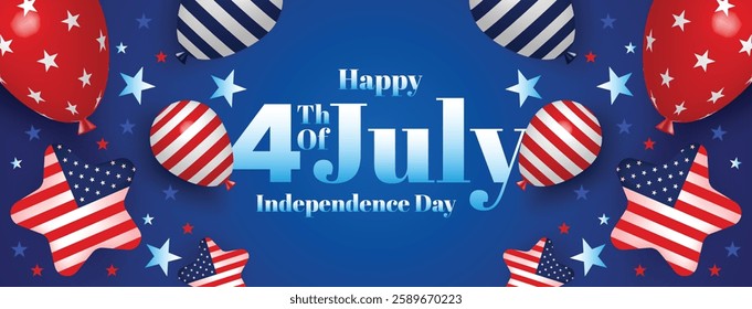 Modern blue 4th of July independence day background with American flag balloons, stars, and abstract patriotic elements