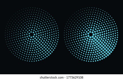 Modern blue abstract background. Halftone stars and dots in circle form. Round logo. Vector dotted frame. Design element or icon.