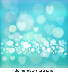 Modern blue abstract background with lights, hearts and bokeh effect, vector illustration 