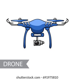 Modern blue air drone, remote control drone with camera isolated. Flat cartoon vector illustration. Hand drawn doodle. Outline
