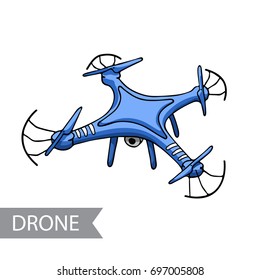 Modern blue air drone, remote control drone with camera isolated. Flat cartoon vector illustration. Hand drawn doodle. Outline