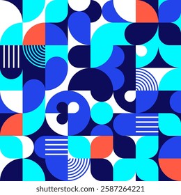 Modern Blue and Aqua Abstract Geometric Pattern with Circular and Curved Shapes Vector Illustration
