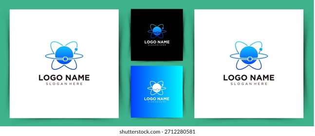 Design moderno do logotipo da tecnologia do átomo azul para ciência, inovação, identidade da marca digital e conceitos futuristas