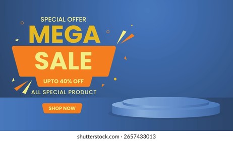 Moderno fondo azul con podio y naranja mega Anuncio de venta adecuado para promociones de descuento y anuncios