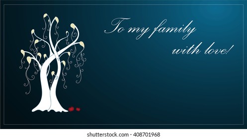 Modern blue background or postcard contains trees  with curved trunk and apples, symbolize family, and place for text.