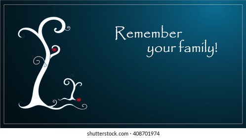 Modern blue background or postcard contains trees with thin trunk and apples, symbolize family, and place for text.