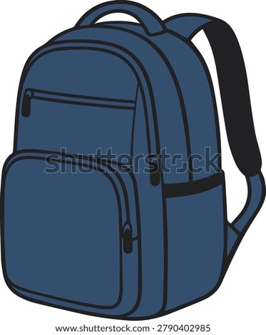 Modern blue backpack vector illustration featuring school and travel bag design isolated on light background. Detailed product artwork suitable for education concepts, student lifestyle graphics, travel projects, e-commerce catalogs, retail advertising, and commercial use.