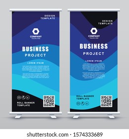 Modern blue banner template. Abstract shape roll banner vector illustration.