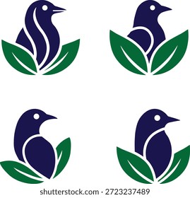 Logotipo moderno de pájaro azul y hoja verde que simboliza la Naturaleza y la sostenibilidad