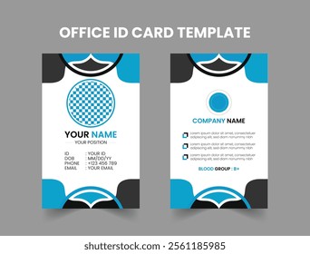 Modern Blue and Black Employee ID Badge Template with Islamic Shapes.
Corporate ID Card Template in Blue and Black Colors
Minimalist Office ID Badge Design with Blue and Black