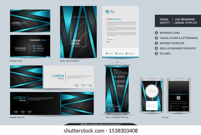 Modern blue black stationery mock up set and visual brand identity with abstract overlap layers background . Vector illustration mock up for branding, cover, card, product, event, banner, website. 