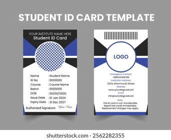 Modern Blue and Black Student ID Card Template Design
Professional Blue and Black School ID Badge Template
Sleek Student Identity Card Template in Blue and Black Colors