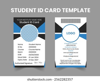 Modern Blue and Black Student ID Card Template Design
Professional Blue and Black School ID Badge Template
Sleek Student Identity Card Template in Blue and Black Colors