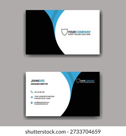 Modern blue, black and white double-sided business card template with clean corporate style. Expert design with bold typography, a simple layout, and abstract curved shapes. Ideal for personal branding, startups, agencies, consultants, freelancers, and corporations. This editable template includes placeholder text for the company name, logo, tagline, name, phone number, email address, website, and address. Perfect for business stationery, marketing materials, and professional identities.