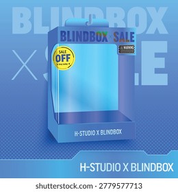 Modern blue blind box packaging with transparent display window, futuristic gradient style, and trendy collectible toy aesthetic. Perfect for retail showcase, branding, and merchandise designs.