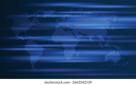 Modern blue broadcast background with world map and copy space.