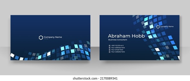 Modern blue business card template with abstract geometrics pattern decoration. Vector illustration for corporate identity, social media banner, presentation background, minimalist card design