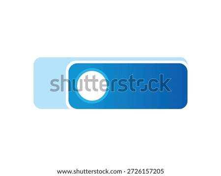 Modern blue button design with white circle, rounded rectangle shape, and subtle shadow on white background.