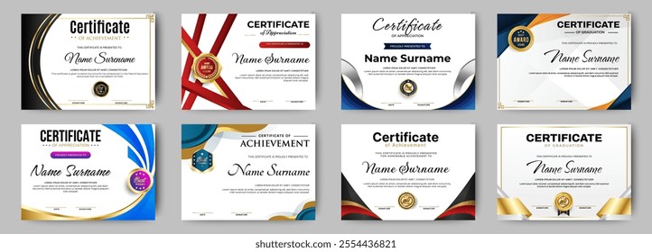 Modern Blue certificate of achievement border template with luxury badge and modern line and shapes. Eight horizontal diploma certificates. vector For award, business, and education needs. Diploma vec