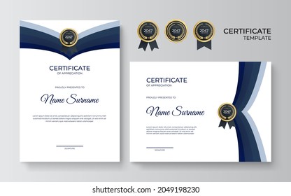 Modern blue certificate. Certificate of appreciation template, gold and blue color. Clean modern certificate with gold badge. Certificate border template with luxury and modern line pattern.