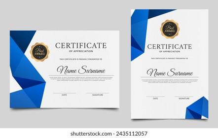 Modern blue certificate of appreciation template. Certificate border template with gold badge. Award diploma vector design