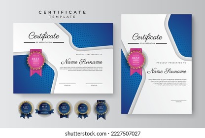 Modern blue certificate template. Certificate of achievement border template with luxury badge and modern line pattern. For award, business, and education needs