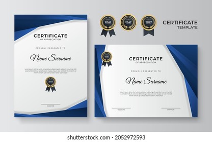 Modern blue certificate template and border, for award, diploma, and printing