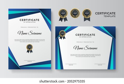 Modern blue certificate template and border, for award, diploma, and printing