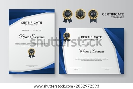 Modern blue certificate template and border, for award, diploma, and printing