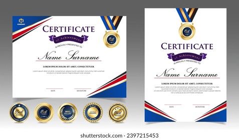 Modern blue certificate template with golden badges. vector