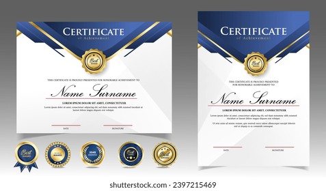 Modern blue certificate template with golden badges. vector