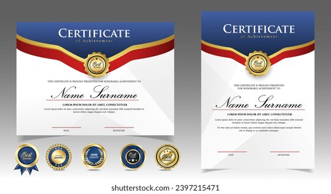 Modern blue certificate template with golden badges. vector