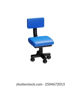 Modern blue chair on black wheels 3D plastic style icon. Vector cartoon render illustration isolated. Volumetric lounge furniture, comfortable seat interior toy design element