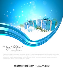 Modern blue Christmas background with gift boxes, baubles and place for text