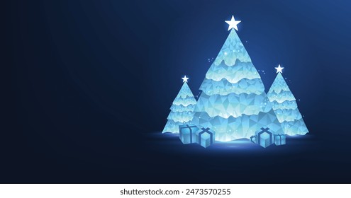 Modern blue christmas tree on a blue background. Xmas blue polygon tree with light and sparkles.