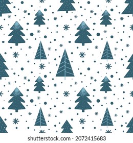 Modern blue Christmas tree seamless pattern. Boho winter vector illustration. Cute navy blue alternative trees art.