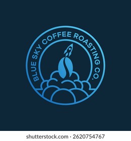 Logotipo de círculo azul moderno para Blue Sky Coffee Roasting Co. com Rocket Coffee Bean