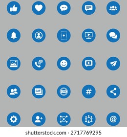A modern blue circular icon set designed for social media interaction, digital engagement, and user interface elements. Created in a clean minimalist flat vector style, these icons are suitable for mobile applications, websites, dashboards, UI and UX design systems, presentations, and digital communication platforms. Fully editable vector icons isolated on a white background for professional and commercial use.