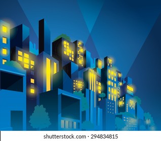 Modern blue city buildings street at night with depth perspective view.