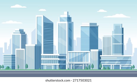 Modern Blue City Skyline Vector Illustration with Glass Skyscrapers and Urban Business District