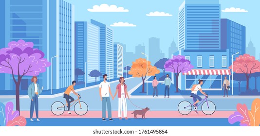 Modern blue city street and walking people cartoon vector illustration