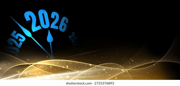 Reloj azul moderno sobre fondo negro y dorado contando hasta 2026. Ilustración vectorial para elegantes temas de Año Nuevo.