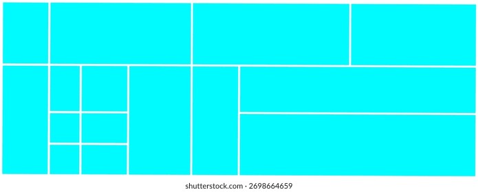Modern blue collage grid layout with clean geometric rectangles and white divider lines, ideal for photo mosaics, design mockups, social media or portfolio templates.
