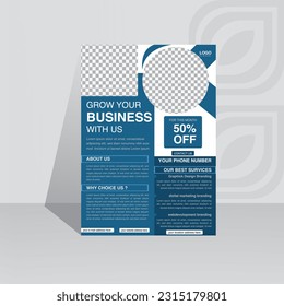 modern blue color flyer design template. corporate creative idea clean vector illustration a4 half page single advertising brochure layout .