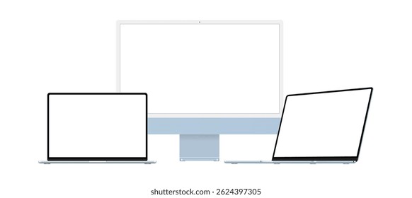 Modern Blue Computers. PC Monitor, Laptops Front and Side Perspective View, with Blank Screens, Isolated on White Background. Vector Illustration