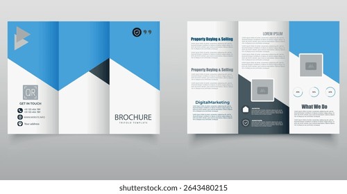 Modern Blue Corporate Trifold Brochure Template. Clean and professional blue trifold brochure template with geometric layout and placeholder text, ideal for business, marketing, and real estate use.