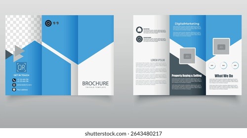 Modern Blue Corporate Trifold Brochure Template. Clean and professional blue trifold brochure template with geometric layout and placeholder text, ideal for business, marketing, and real estate use.